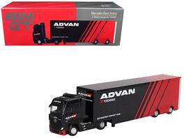 Mercedes-Benz Actros with Racing Transporter "ADVAN" 1/64 Diecast Model Car by Mini GT - Red And Black