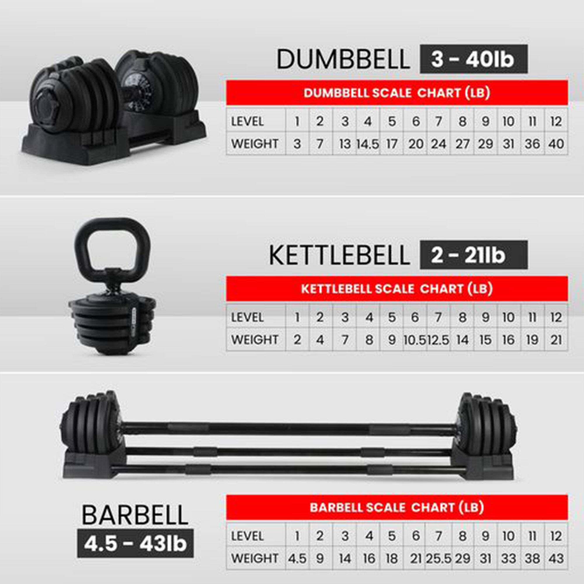 DUMBBELL 3 - 40lb  
DUMBBELL SCALE CHART (LB)  
LEVEL 1 2 3 4 5 6 7 8 9 10 11 12  
WEIGHT 3 7 13 14.5 17 20 24 27 29 31 36 40  

KETTLEBELL 2 - 21lb  
KETTLEBELL SCALE CHART (LB)  
LEVEL 1 2 3 4 5 6 7 8 9 10 11 12  
WEIGHT 2 4 7 8 9 10.5 12.5 14 15 16 19 21  

BARBELL 4.5 - 43lb  
BARBELL SCALE CHART (LB)  
LEVEL 1 2 3 4 5 6 7 8 9 10 11 12  
WEIGHT 4.5 9 14 16 18 2
