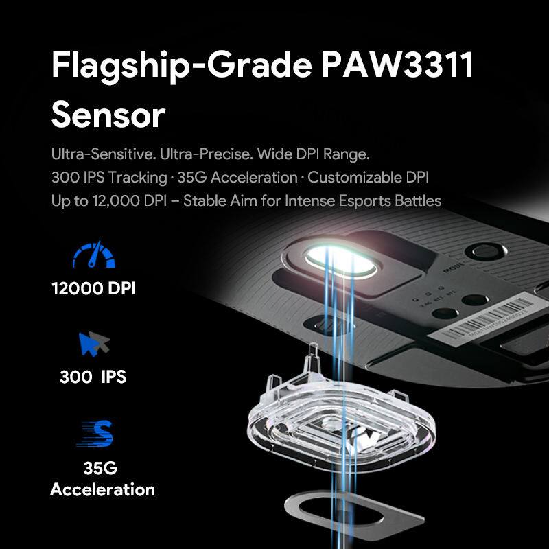 Flagship-Grade PAW3311 Sensor  
Ultra-Sensitive. Ultra-Precise. Wide DPI Range.  
300 IPS Tracking. 35G Acceleration. Customizable DPI Up to 12,000 DPI  
Stable Aim for Intense Esports Battles  

12000 DPI  
300 IPS  
35G Acceleration