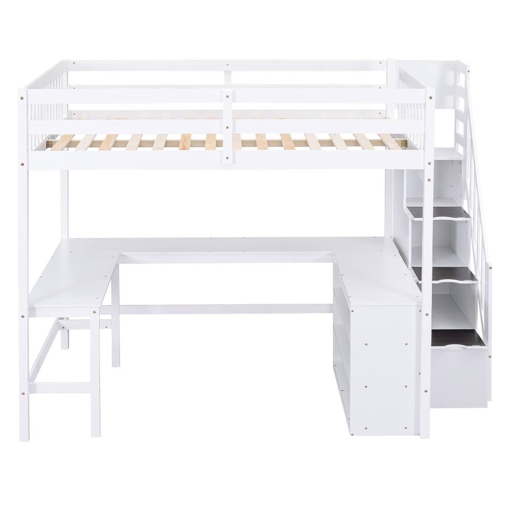 Alt View 4. Loheer - Loheer Full Size Loft Bed with L-Shaped Desk and Storage Stairs, White - White.