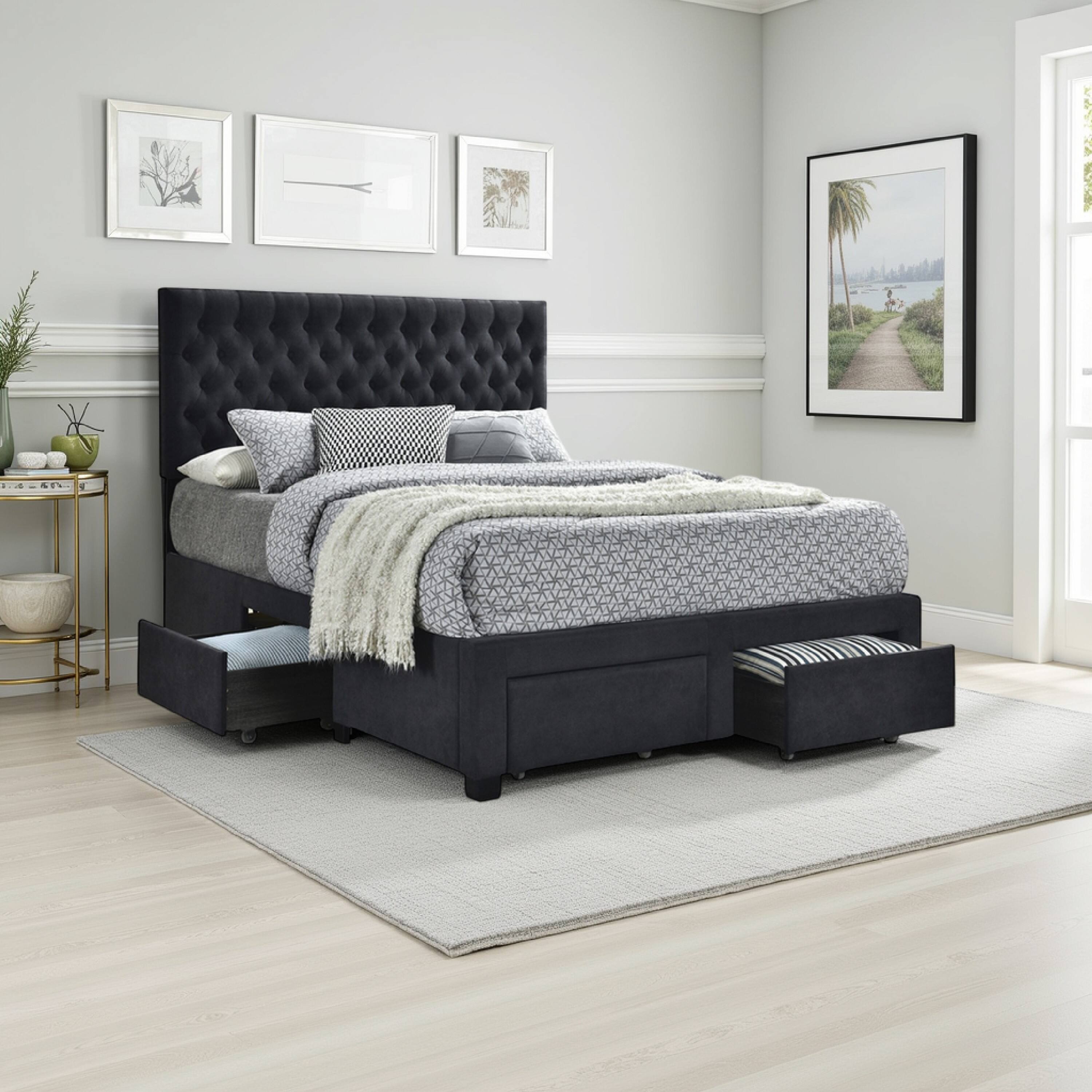 Alt View 5. Manhattan Lane - Fabric Upholstered Wooden Eastern King Size Bed with Bottom Drawers - Black.