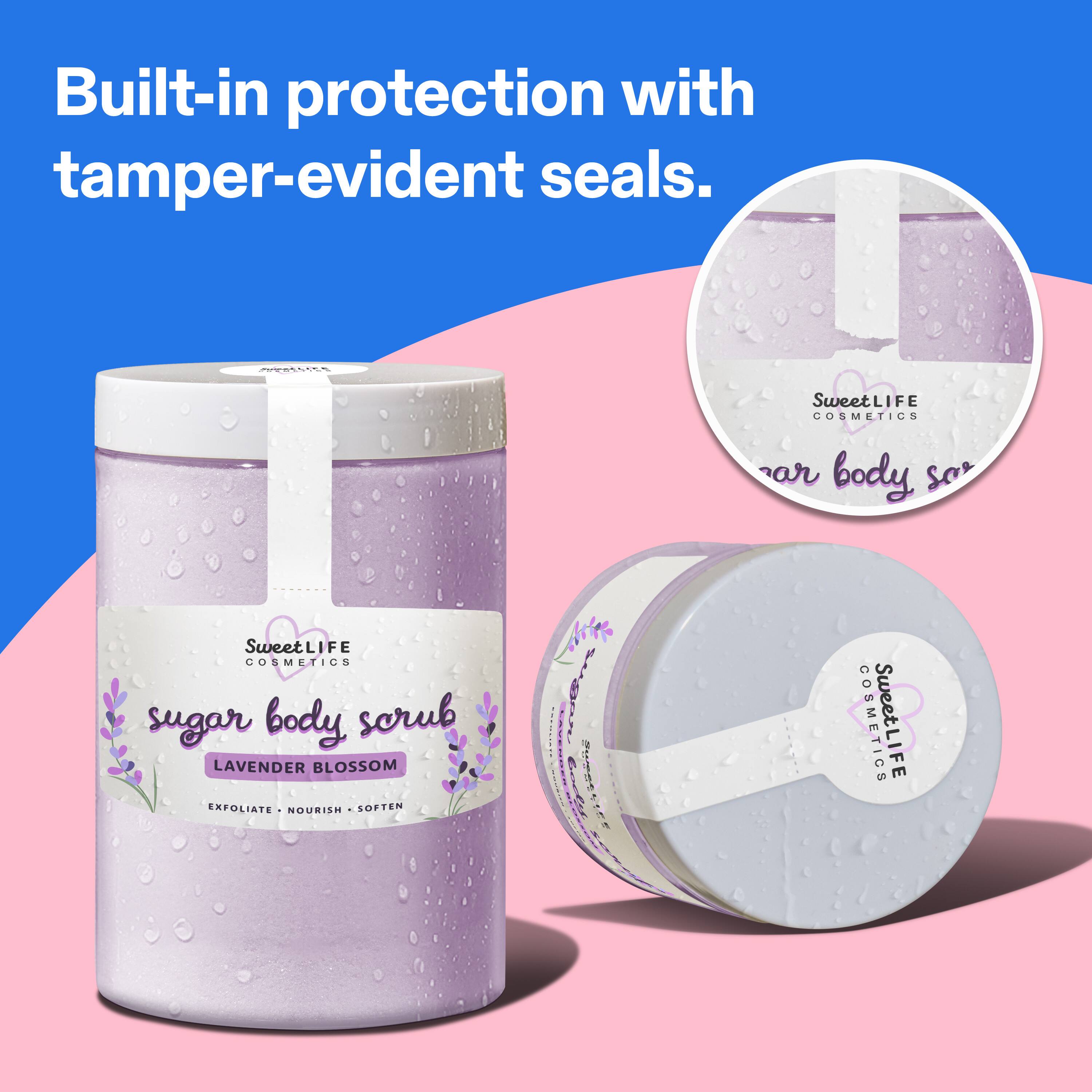 Built-in protection with tamper-evident seals.  
SweetLIFE COSMETICS sugar body scrub LAVENDER BLOSSOM EXFOLIATE NOURISH SOFTEN