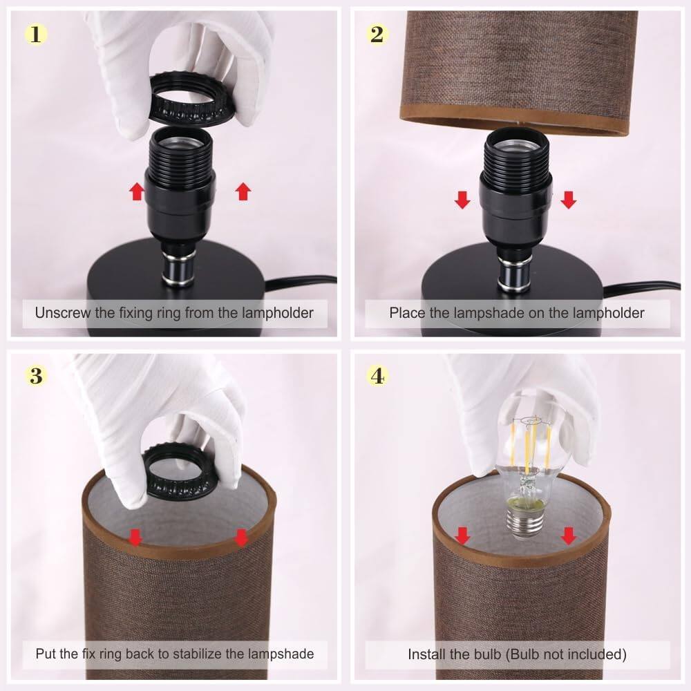 1. Unscrew the fixing ring from the lamp holder.
2. Place the lampshade on the lamp holder.
3. Put the fix ring back to stabilize the lampshade.
4. Install the bulb (Bulb not included).