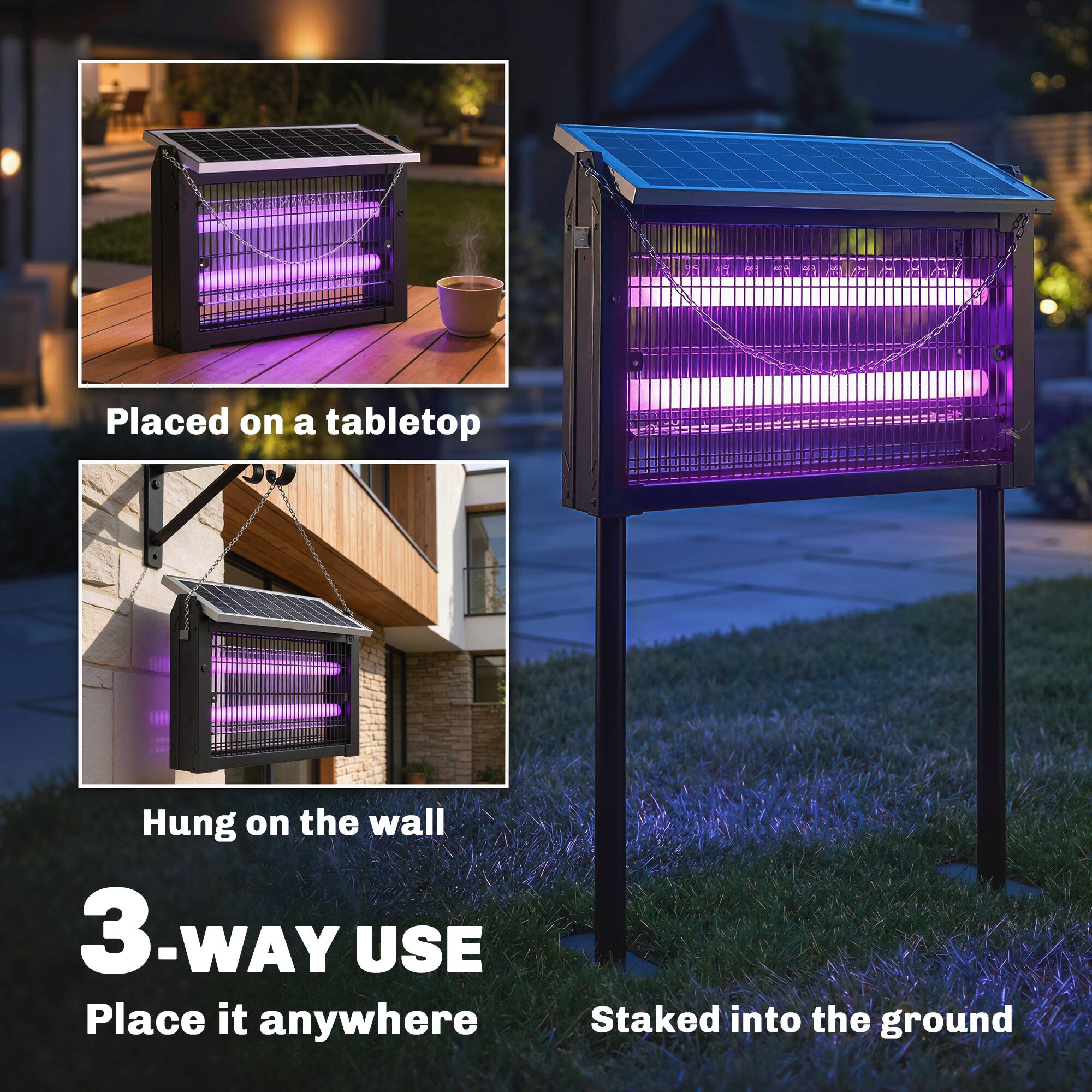 Placed on a tabletop  
Hung on the wall  
3-WAY USE  
Place it anywhere  
Staked into the ground