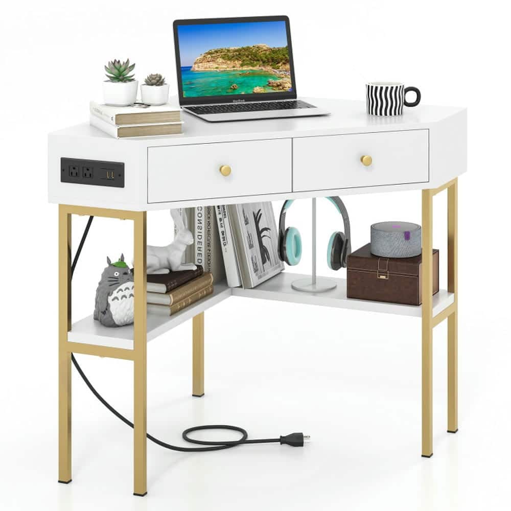 Pefilos - Triangle Corner Desk with Charging Station with 2 Drawers & Storage Shelf- Office Desk, Desks, Working, Writing - White