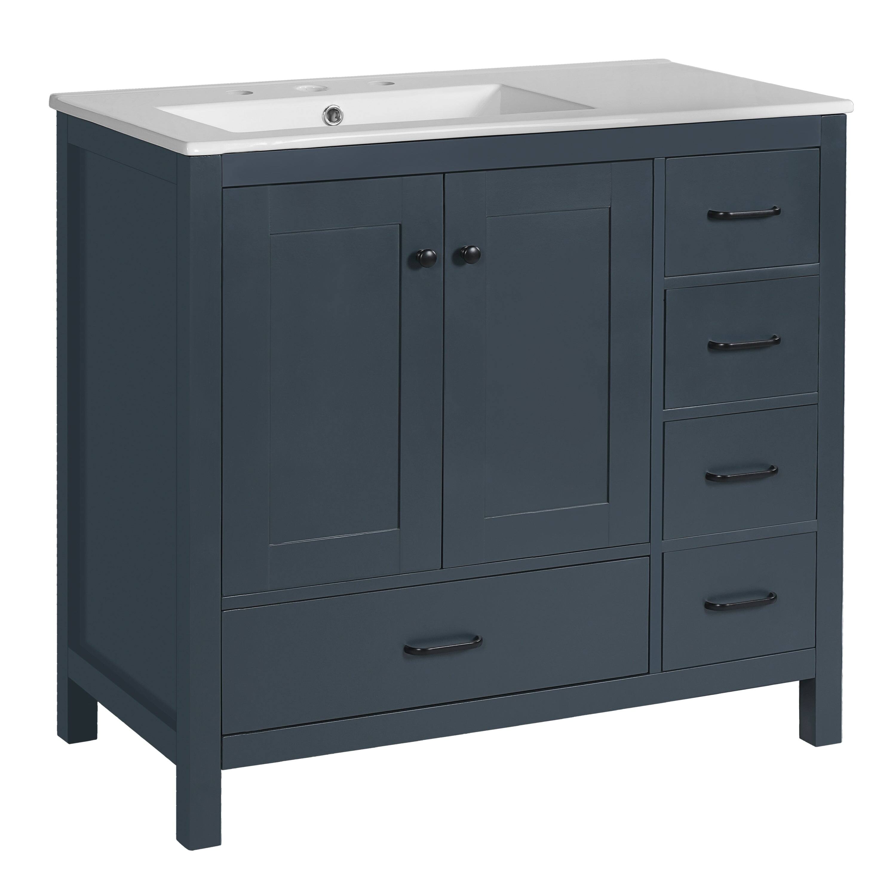 Angle. Boyel Living - 36 Inch Blue Bathroom Vanity with Ceramic Sink, 2 Soft Close Doors, 5 Drawers - Gray.