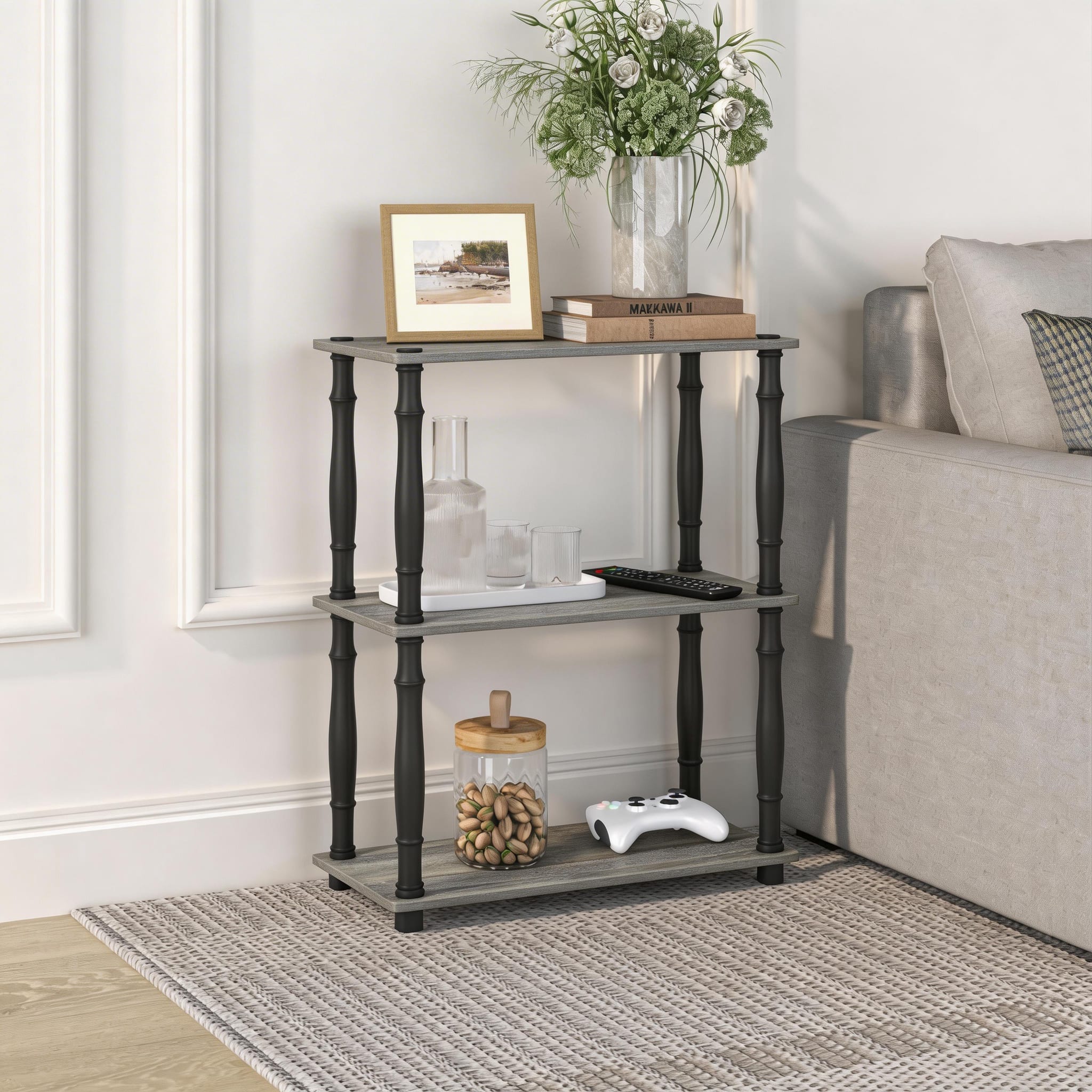 HOMLUX - 3-Tier 29.5" Corner Shelf Open Shelves for Display for Living Room and Office Organization French Oak - Gray & Black