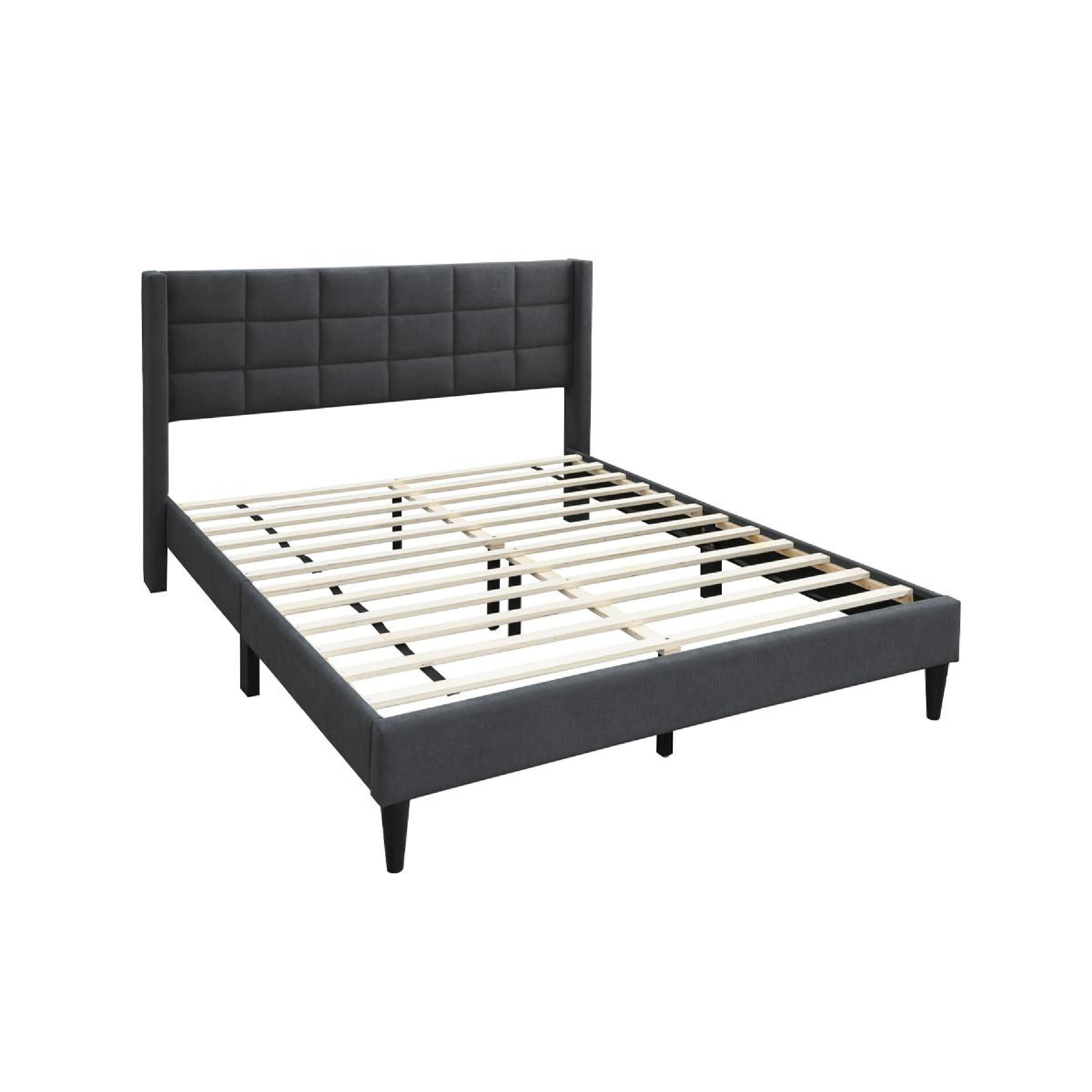 Alt View 3. Manhattan Lane - Meno Queen Size Bed, Square Stitched Charcoal Gray Linen Upholstery - Charcoal Gray, Black.
