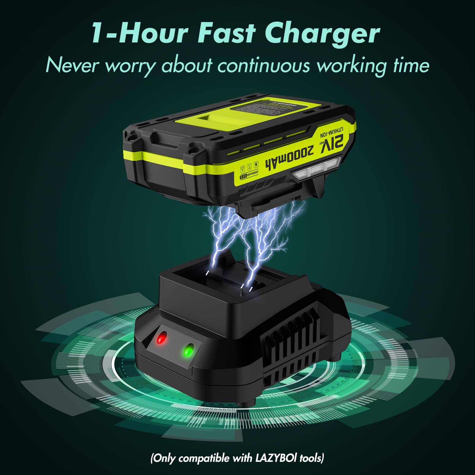 1-Hour Fast Charger  
Never worry about continuous working time  

2000mAh  
(Only compatible with LAZYBOI tools)