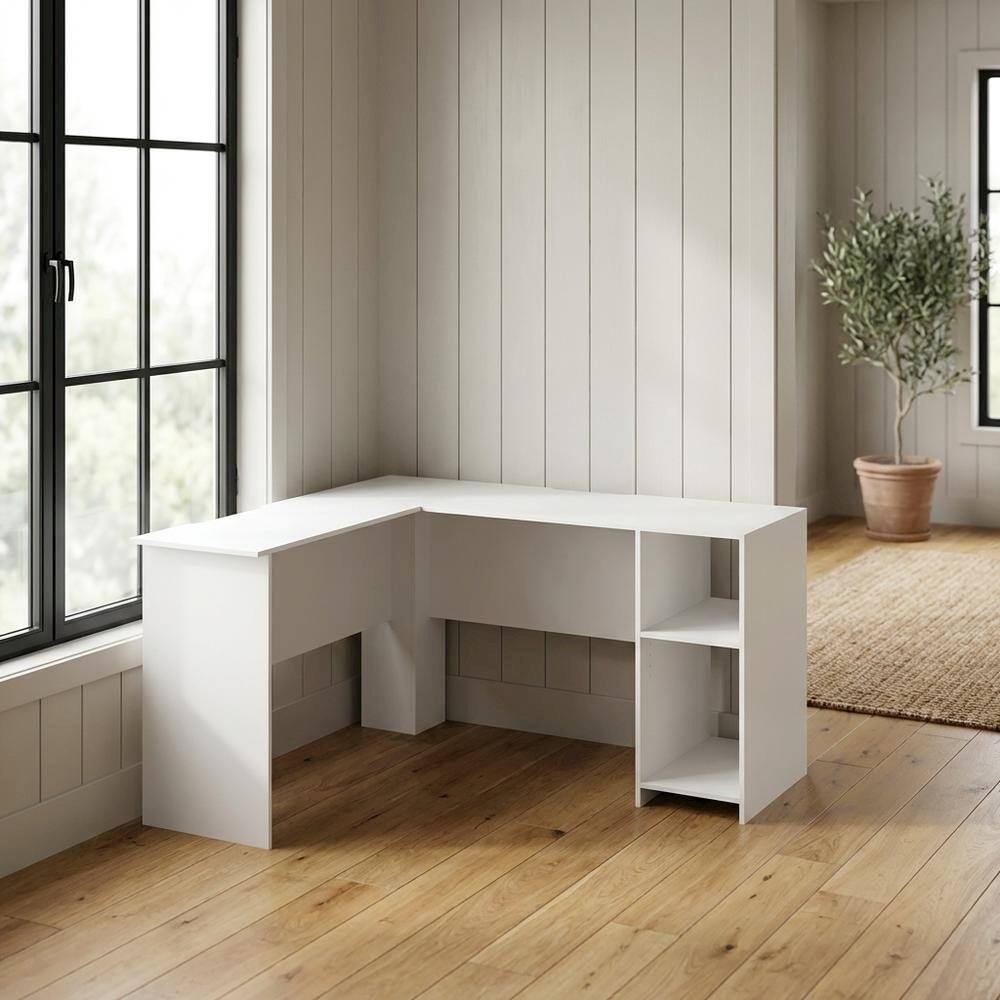 Angle. BisonOffice - White L-Shaped Desk with Bookshelves for Home Office and Study Space - White.