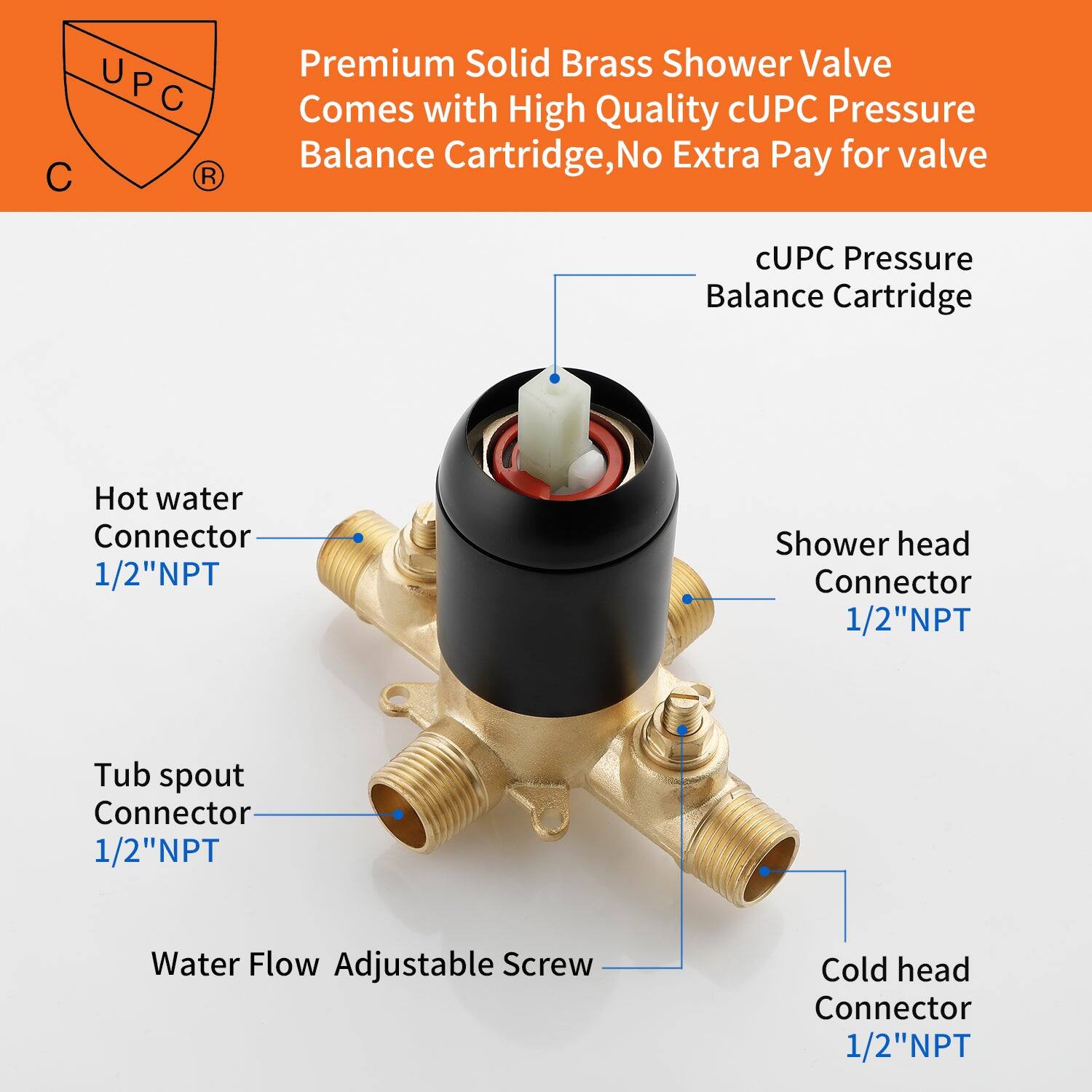 Premium Solid Brass Shower Valve  
Comes with High Quality cUPC Pressure Balance Cartridge, No Extra Pay for valve  

- Hot water Connector 1/2"NPT  
- Tub spout Connector 1/2"NPT  
- Shower head Connector 1/2"NPT  
- Cold head Connector 1/2"NPT  
- Water Flow Adjustable Screw  

cUPC Pressure Balance Cartridge