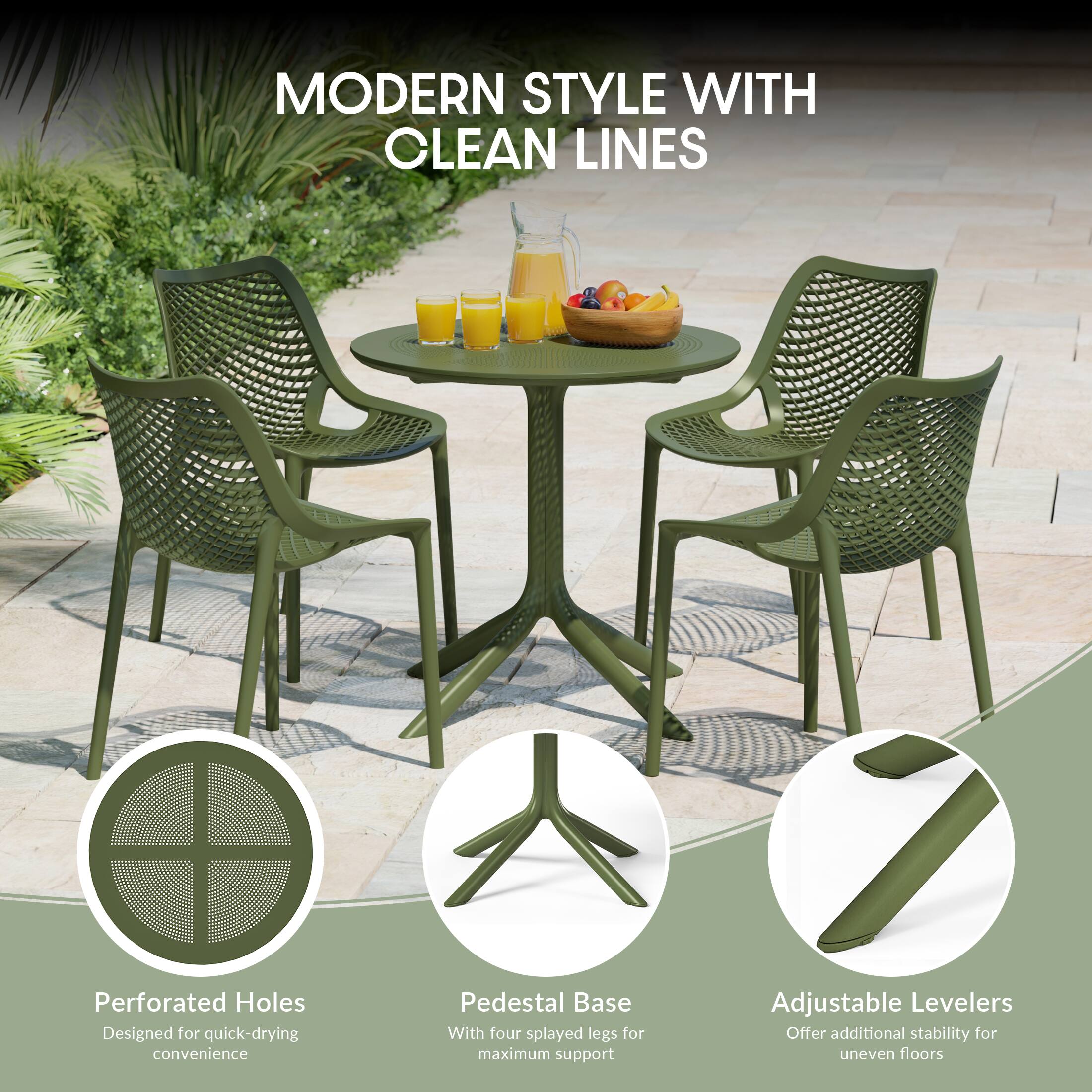 MODERN STYLE WITH CLEAN LINES

Perforated Holes
Designed for quick-drying convenience

Pedestal Base
With four splayed legs for maximum support

Adjustable Levelers
Offer additional stability for uneven floors