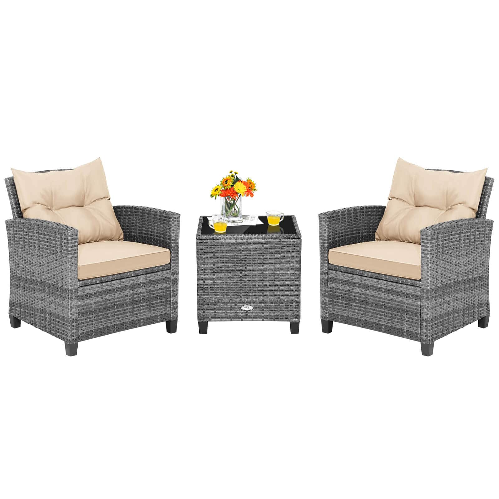 Costway - 3PCS Patio Rattan Furniture Bistro Set Cushioned Sofas Side Table Armrest - Mix Gray + Beige