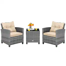 Costway - 3PCS Patio Rattan Furniture Bistro Set Cushioned Sofas Side Table Armrest - Mix Gray + Beige