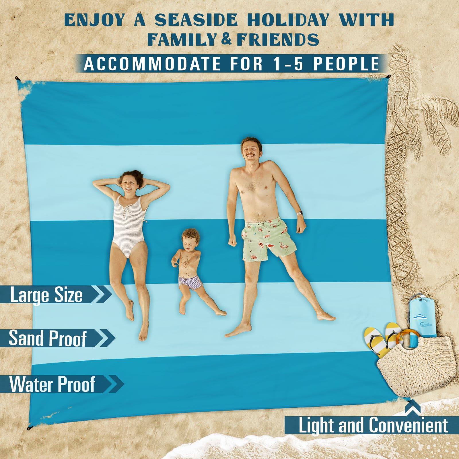 ENJOY A SEASIDE HOLIDAY WITH FAMILY & FRIENDS  
ACCOMMODATE FOR 1-5 PEOPLE  

Large Size  
Sand Proof  
Water Proof  

Light and Convenient