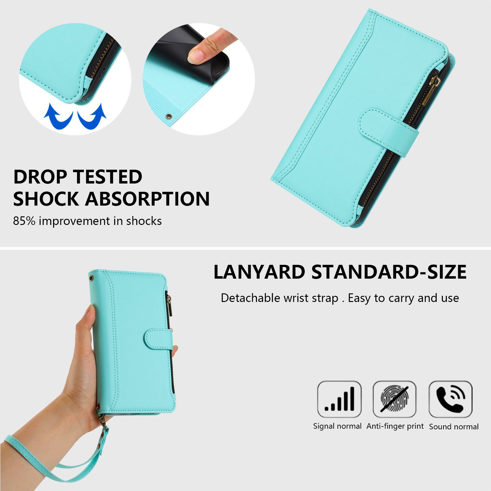 - DROP TESTED SHOCK ABSORPTION
  85% improvement in shocks

- LANYARD STANDARD-SIZE
  Detachable wrist strap. Easy to carry and use

- Signal normal
- Anti-finger print
- Sound normal