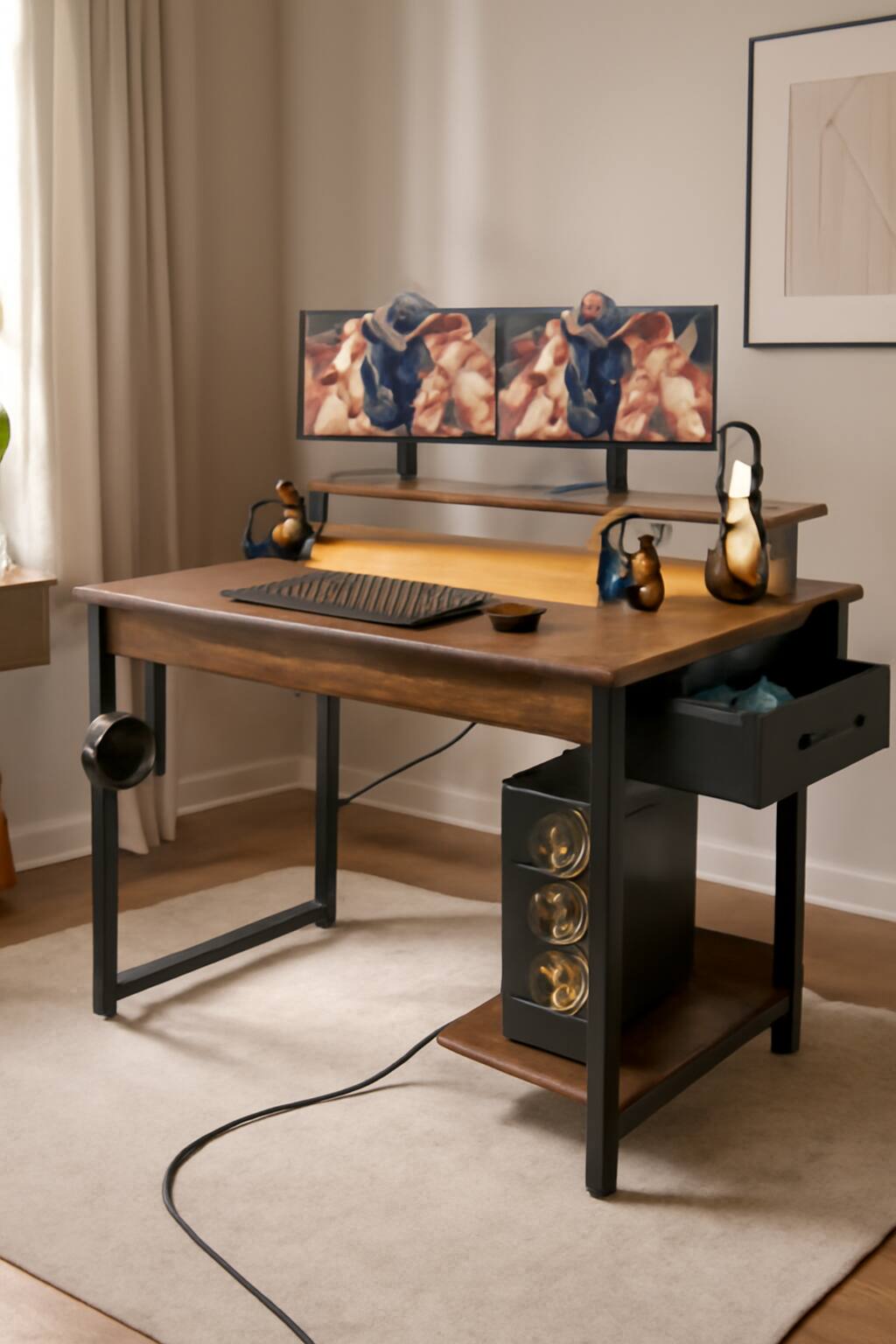Front. Zell Electronics - 39” Rustic Brown Computer Desk with Hutch, LED Lights, Power Outlets, Drawers & Storage Shelves – Ideal for Home Office - Rustic Brown.