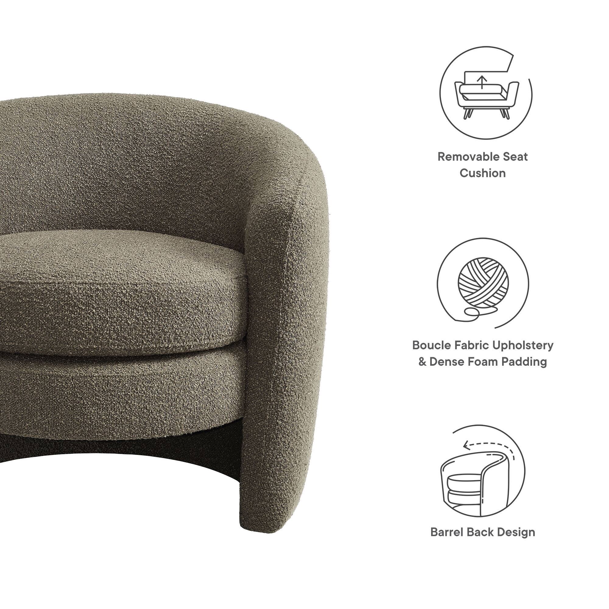 - Removable Seat Cushion
- Boucle Fabric Upholstery & Dense Foam Padding
- Barrel Back Design
