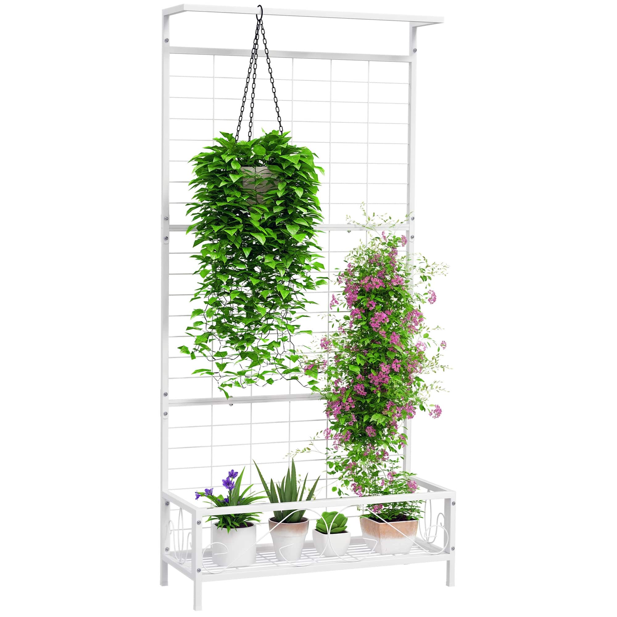 Outsunny - Tall Plant Stand with Trellis and Hanging Bar, Metal Plant Holder Flower Stand, 35" x 12.8" x 74" - White