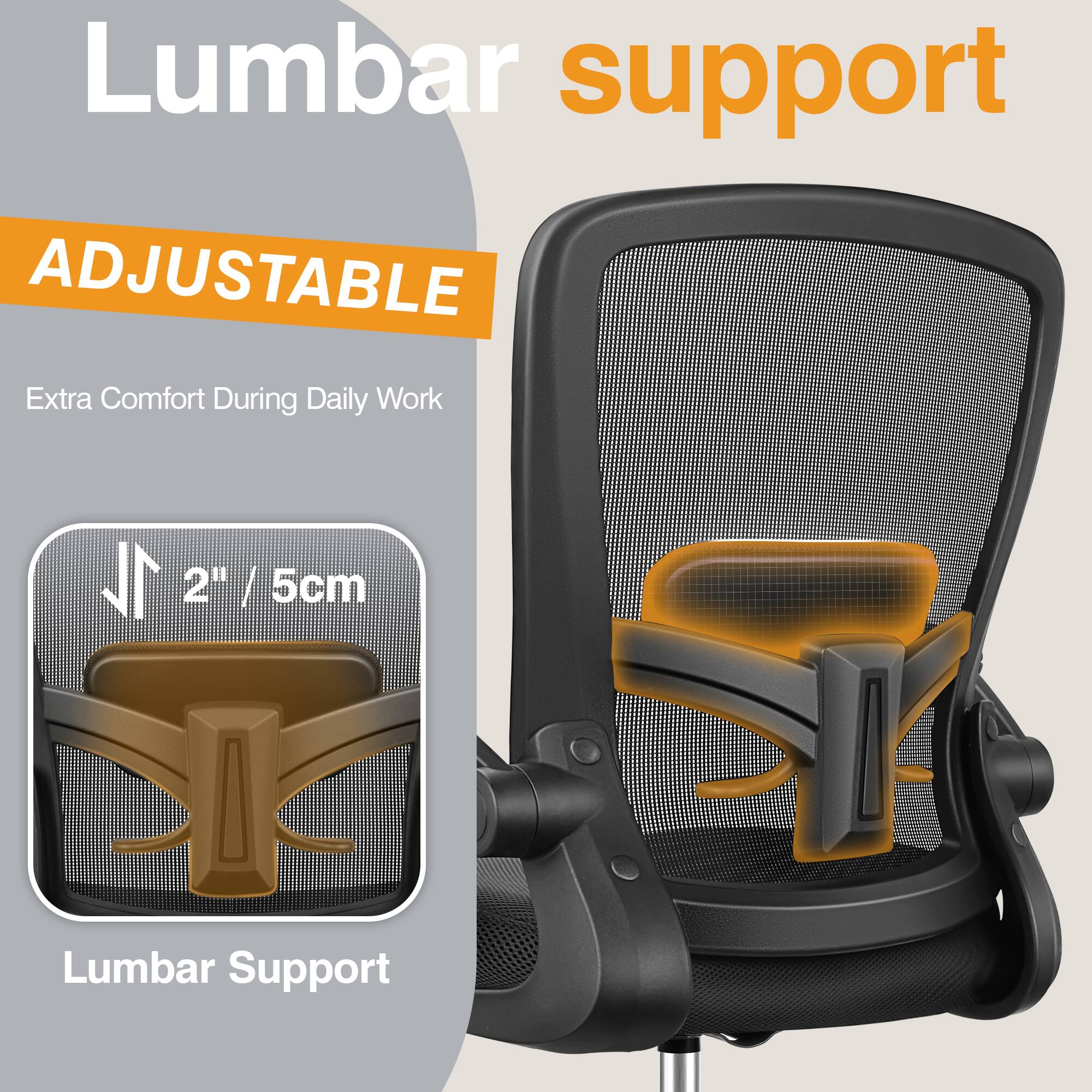 Lumbar support ADJUSTABLE, Extra Comfort During Daily Work, 2" / 5cm Lumbar Support