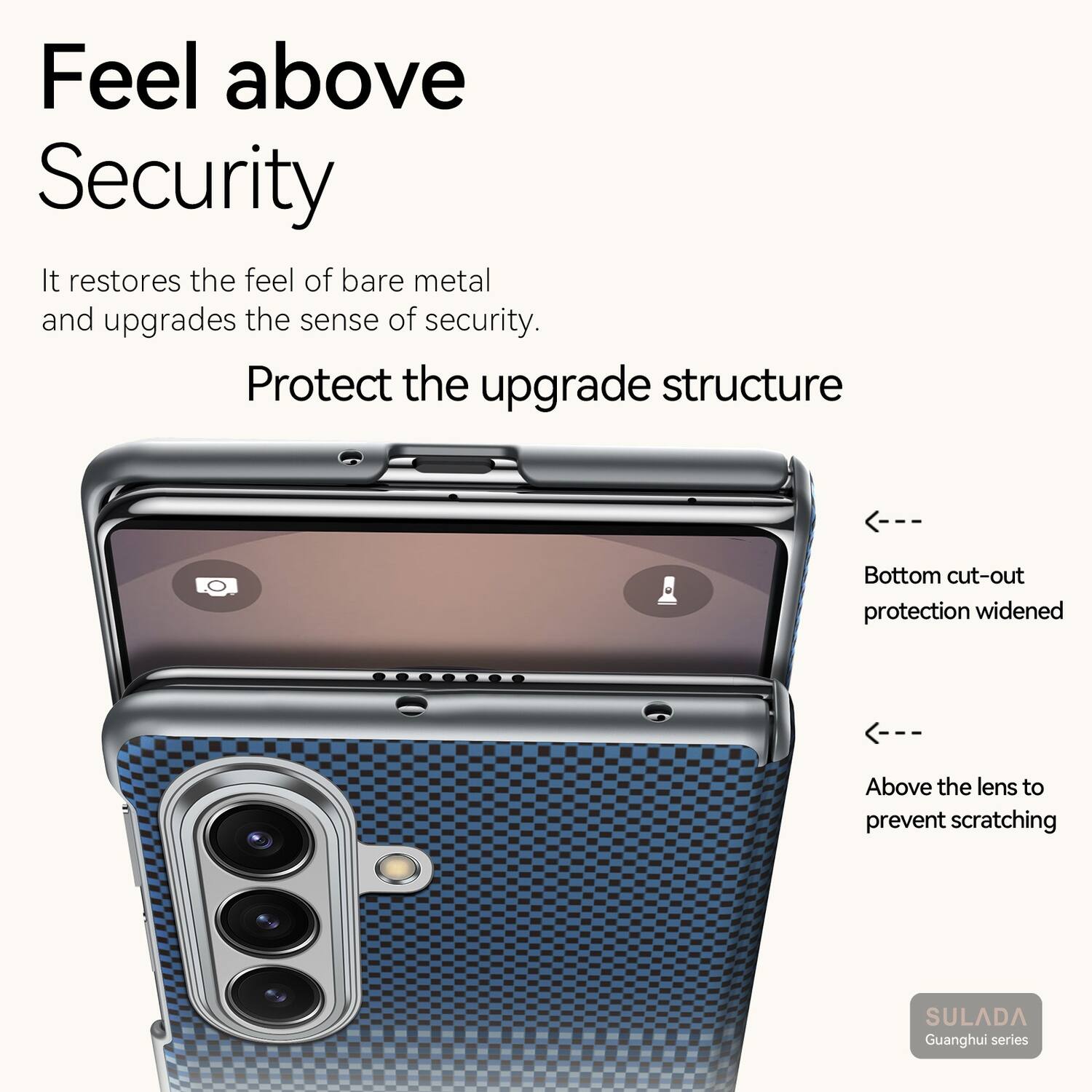 Feel above Security  
It restores the feel of bare metal and upgrades the sense of security.  
Protect the upgrade structure  
Bottom cut-out protection widened  
Above the lens to prevent scratching  
SULADA Guanghui series