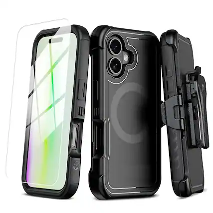 Front. Kitcheniva - All in One Heavy-Duty Case Holster Glass For iPhone 17 Black - Black.