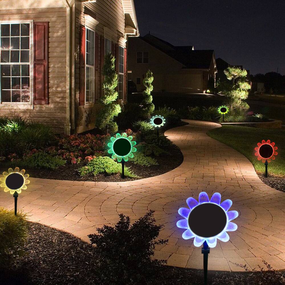 Back. Oumilen - 2 Pack RGB Color Changing Sunflower Solar Stake Lights with Remote – IP65 Outdoor Flower LED Lamp.