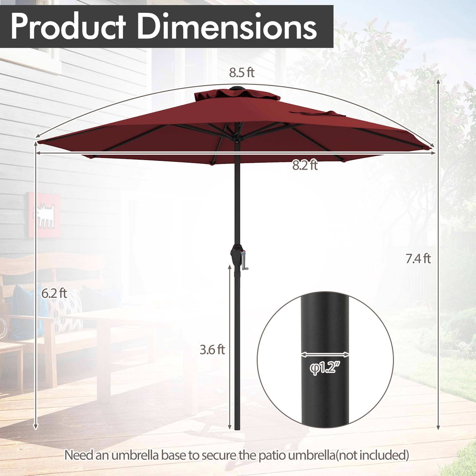 Product Dimensions 8.5ft 8.2ft 7.4ft 6.2ft 3.6ft ft Q12" Need an umbrella base to secure the patio umbrella(not included)