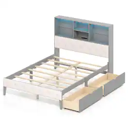 LUCKY ONE - Full Assembled Platform Bed Frame with Bookcase Headboard LED Lights Charging Station Drawers - Gray