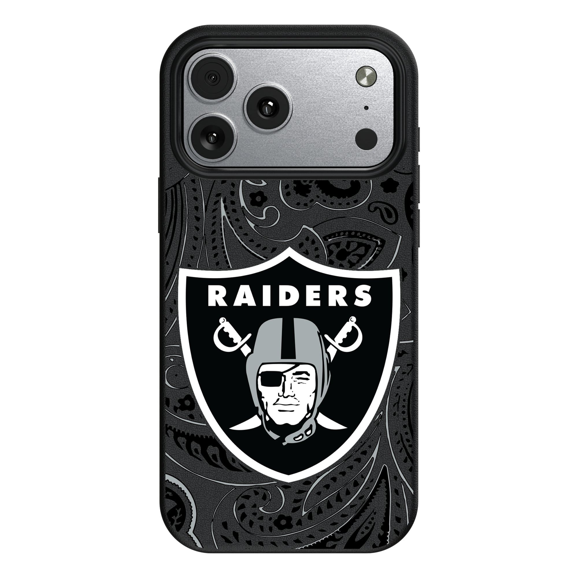 Front. Keyscaper - Las Vegas Raiders Paisley iPhone Magnetic Bump Case - 16 Pro Max - Black.