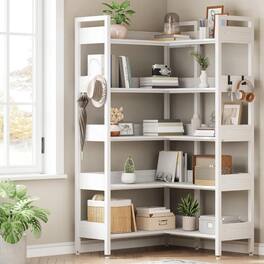 Jojoka - Corner Bookshelf, 5-Tier L-Shaped Industrial Bookcase, Convertible Storage Display Shelf for Living Room or Office - White