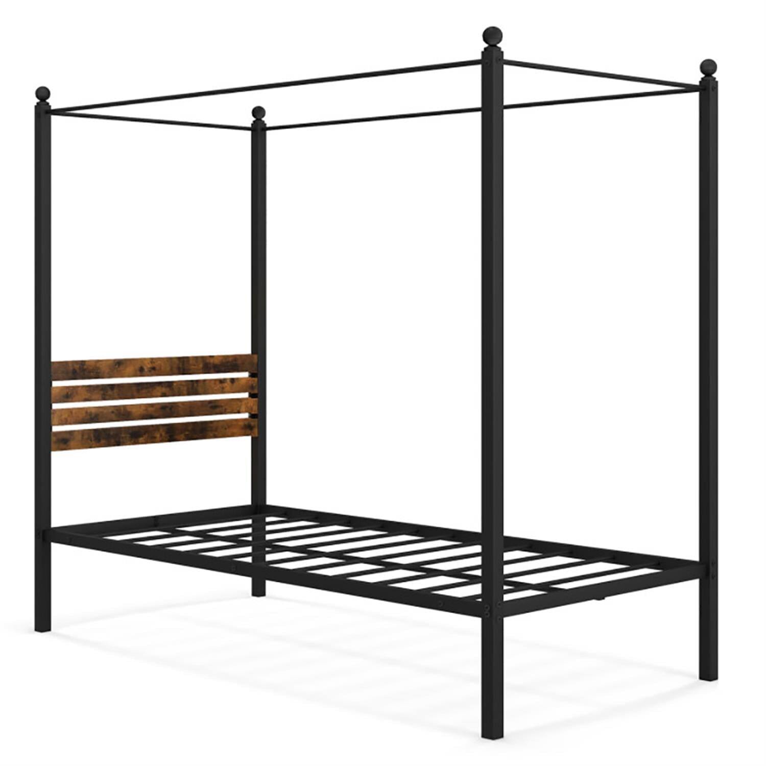 Front. Pefilos - Twin Size Canopy Metal Platform Bed Frame with Under Bed Storage, Steel Slat Support, No Box Spring Needed, Black - Black.