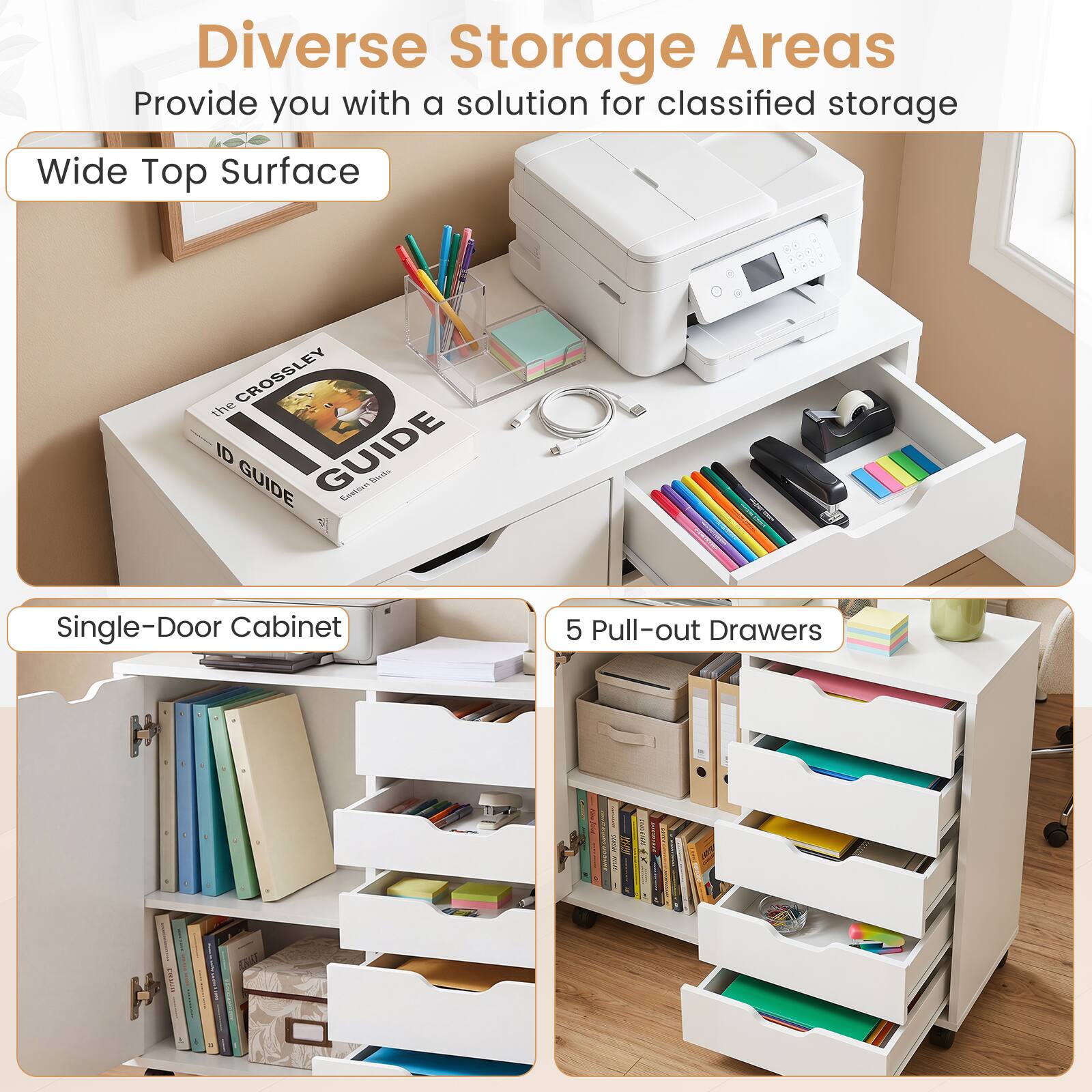 Diverse Storage Areas Provide you with a solution for classified storage

Wide Top Surface

Single-Door Cabinet

5 Pull-out Drawers
