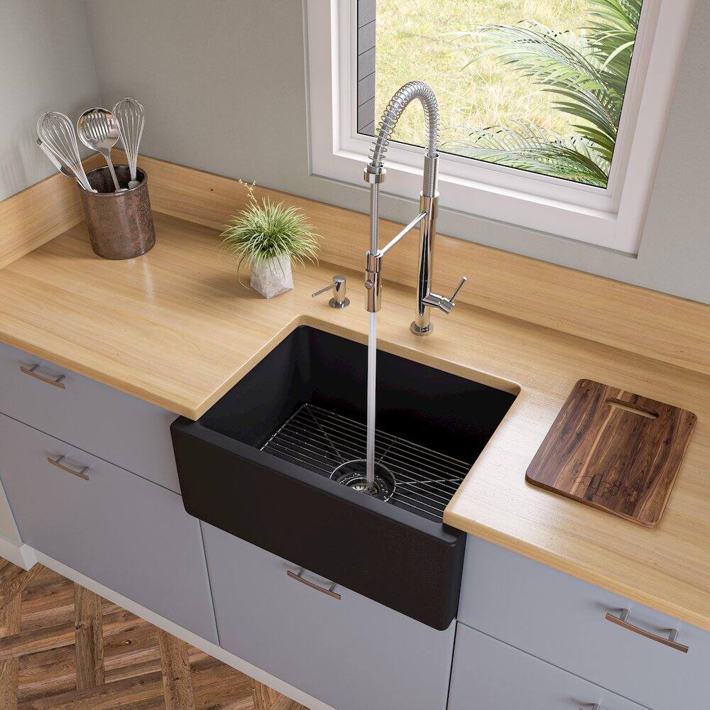 Angle. Alfi - 24" Black Matte Reversible Smooth / Fluted Single Bowl Fireclay Farm Sink - Black.