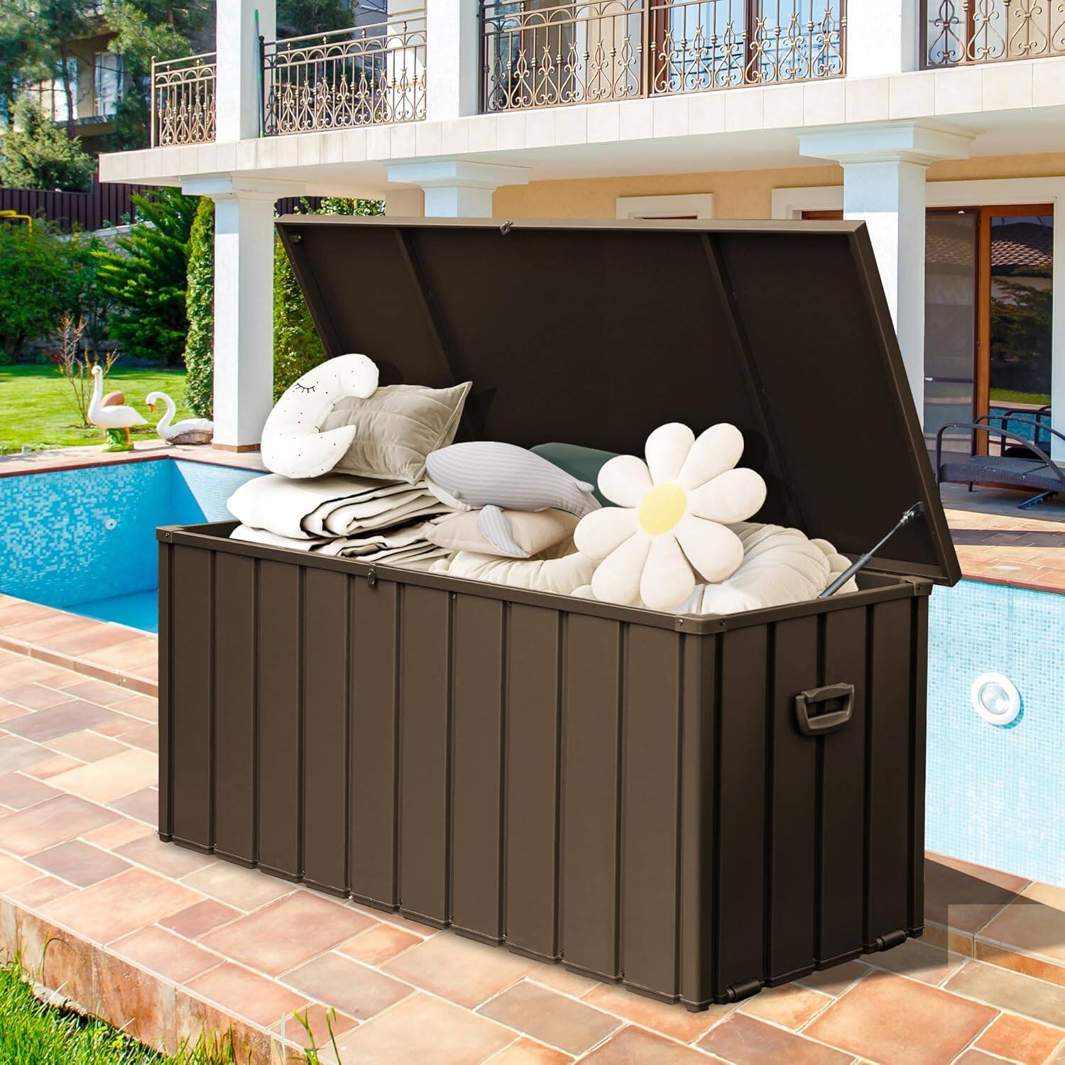 Angle. Mondawe - 190 Gallon Metal Deck Box, Lockable Storage Bench - Dark Brown.