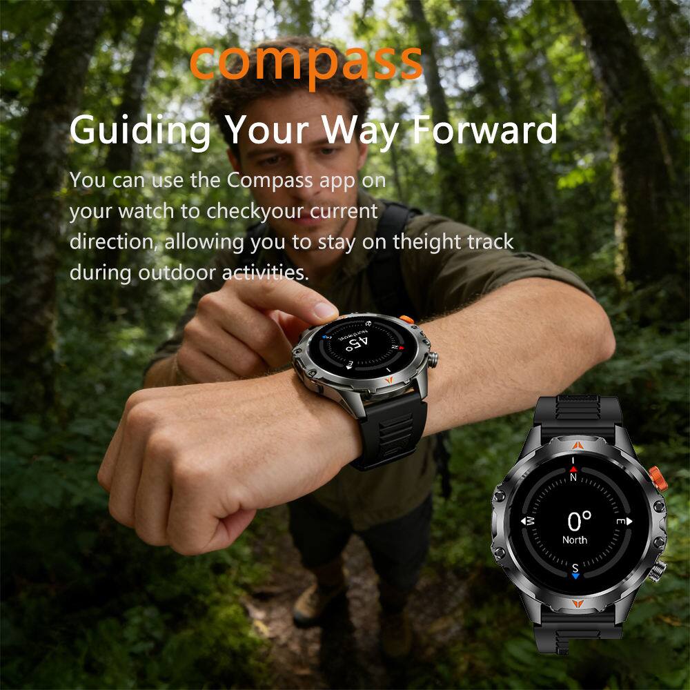 compass  
Guiding Your Way Forward  
You can use the Compass app on your watch to check your current direction, allowing you to stay on the right track during outdoor activities.  

Soeganes 45 Y N < 0 North E S Y