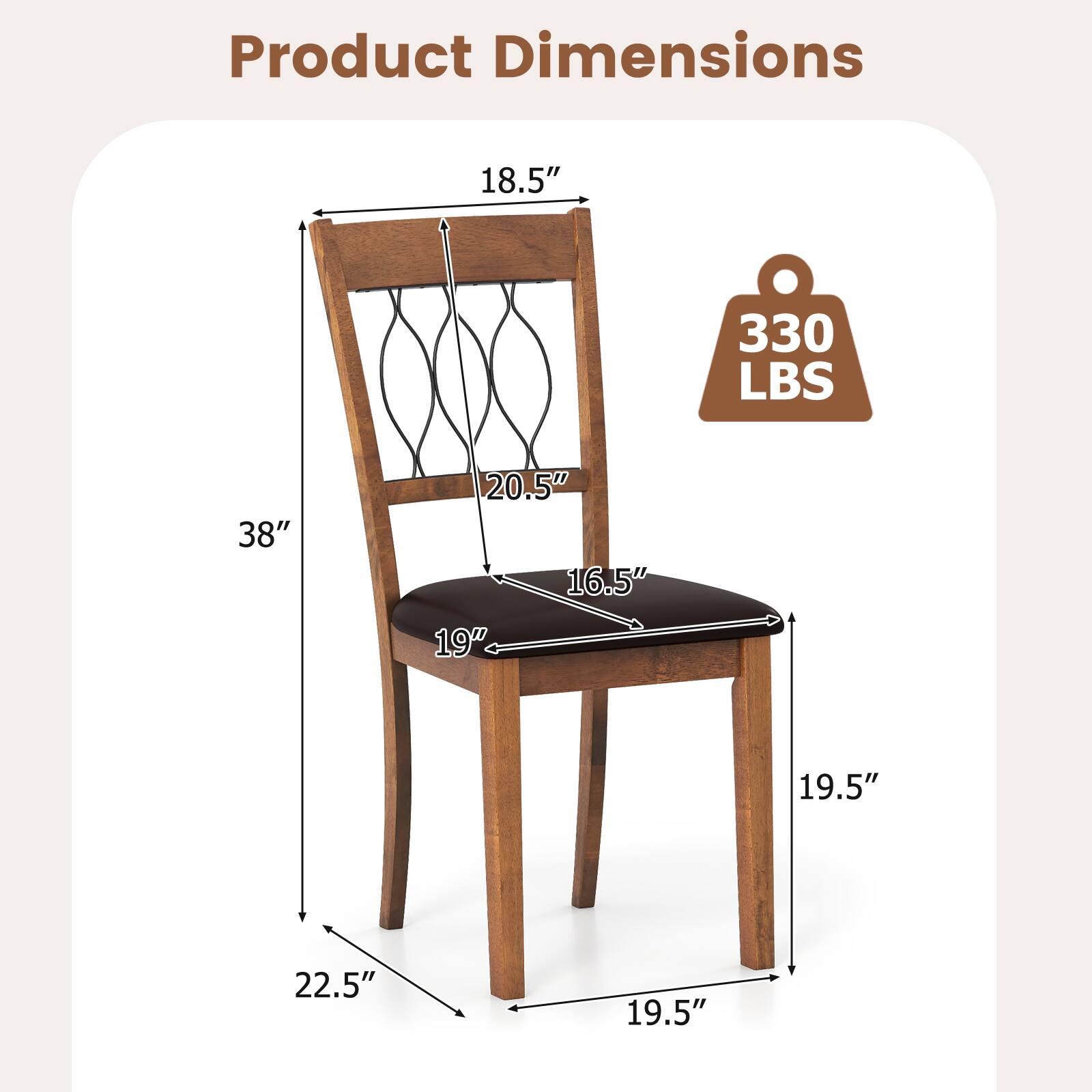 Product Dimensions  
18.5" x 38" x 20.5" x 16.5" x 19" x 19.5" x 22.5"  
330 LBS
