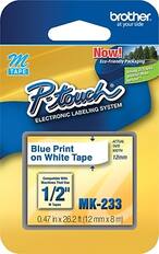 Brother at your side
Now! Eco-Friendly Packaging
Using 2/3 less plastic than before
M Tape
P-touch
Electronic Labeling System
Blue Print on White Tape
Actual Tape Width 12mm
Compatible with Machines That Use 1/2" M Tapes
MK-233
0.47 in x 26.2 ft (12 mm x 8 m)