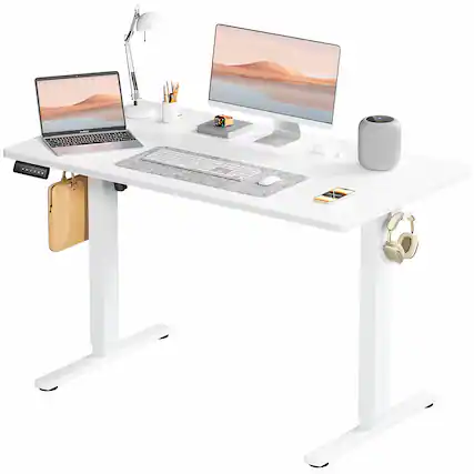 Front. Bestier - 47in White Electric Standing Desk Height Computer Home Office Desk with Hooks and Wire Holes - White.