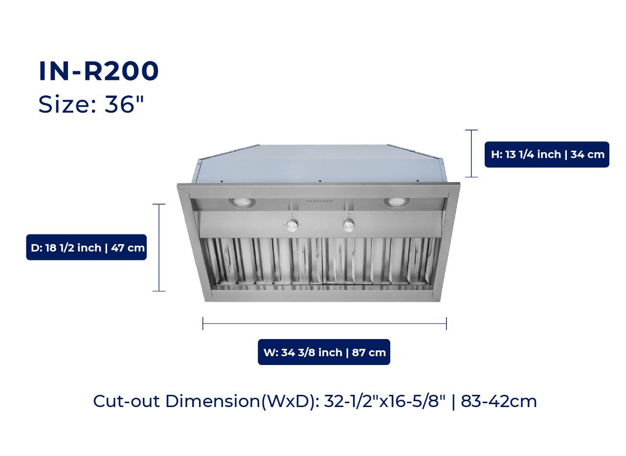 IN-R200  
Size: 36"  

H: 13 1/4 inch | 34 cm  
D: 18 1/2 inch | 47 cm  
W: 34 3/8 inch | 87 cm  

Cut-out Dimension (WxD): 32-1/2"x16-5/8" | 83-42cm