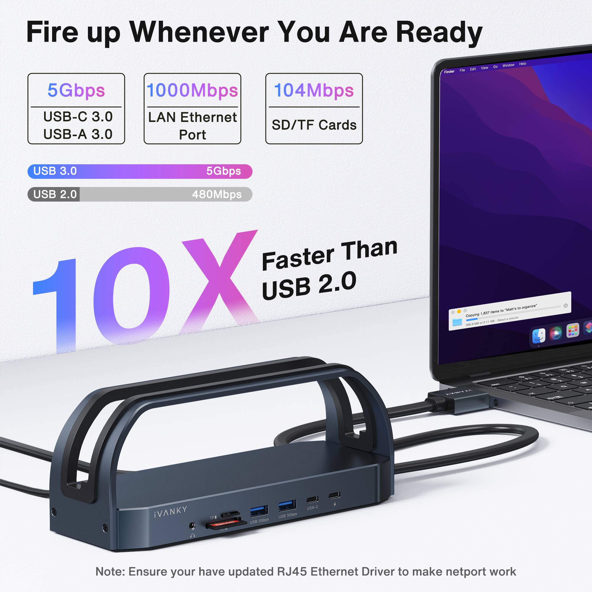 Fire up Whenever You Are Ready

- 5Gbps
- 1000Mbps
- 104Mbps
- USB-C 3.0
- LAN Ethernet
- SD/TF Cards
- USB-A 3.0
- Port
- USB 3.0 5Gbps
- USB 2.0 480Mbps
- Faster Than 10X USB 2.0
- iVANKY
- Note: Ensure your have updated RJ45 Ethernet Driver to make netport work