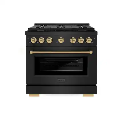 Front. ZLINE - ZLINE Autograph 36 in. 5.2 Cu. Ft. Freestanding Paramount Gas Range in Black Stainless Steel with Bronze Helix Handle - Black Stainless Steel.
