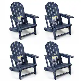 Gymax - 4PCS Adirondack Chair w/ Cup Holder & Wooden Texture Outdoor Plastic Chair - Blue