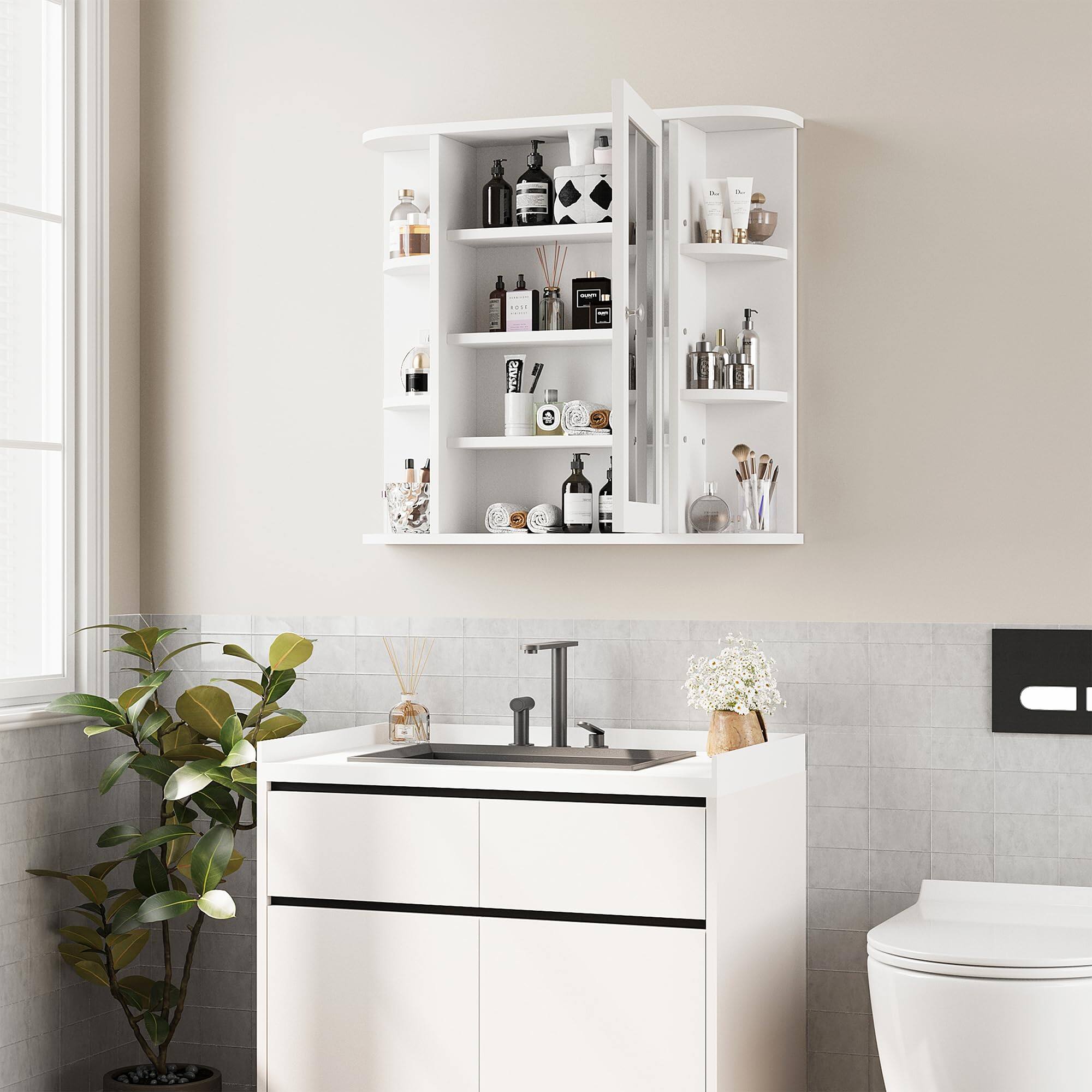 Alt View 1. Hirose Alice - Wall Cabinet With Mirror Mounted Cabinets 4 Internal And 6 Open Shelves Mirrored Door Over The Toilet Storage Solid - Solid White.