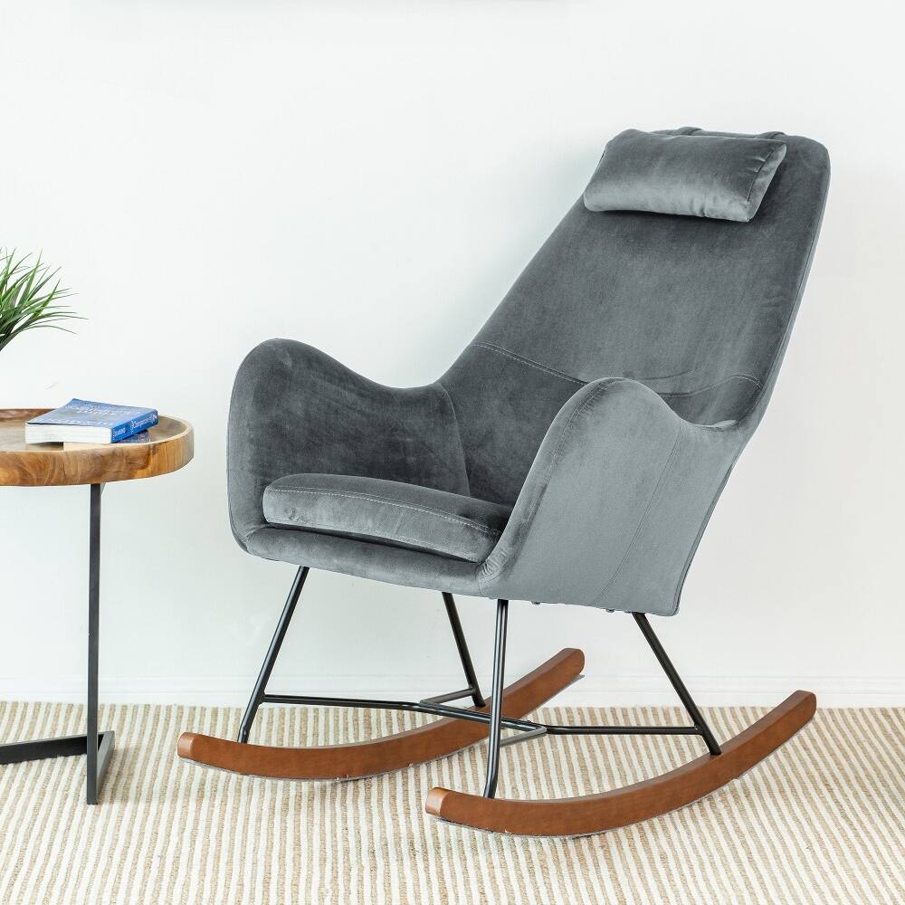 Left. Loheer - Loheer Mid Century Modern Rocking Chair Dark Grey Nursery Rocker Plush Cushion Armchair for Bedroom Living Room - Dark Grey.