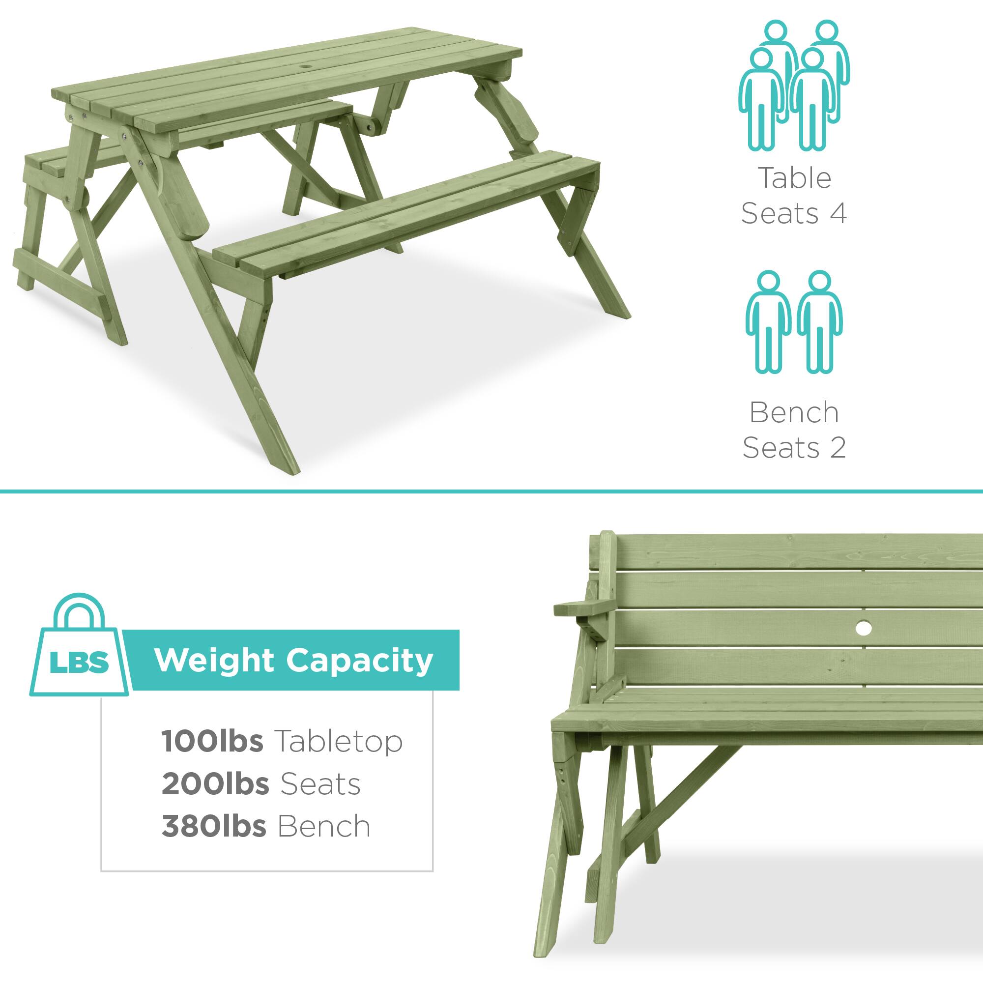 Table Seats 4  
Bench Seats 2  

Weight Capacity  
100lbs Tabletop  
200lbs Seats  
380lbs Bench
