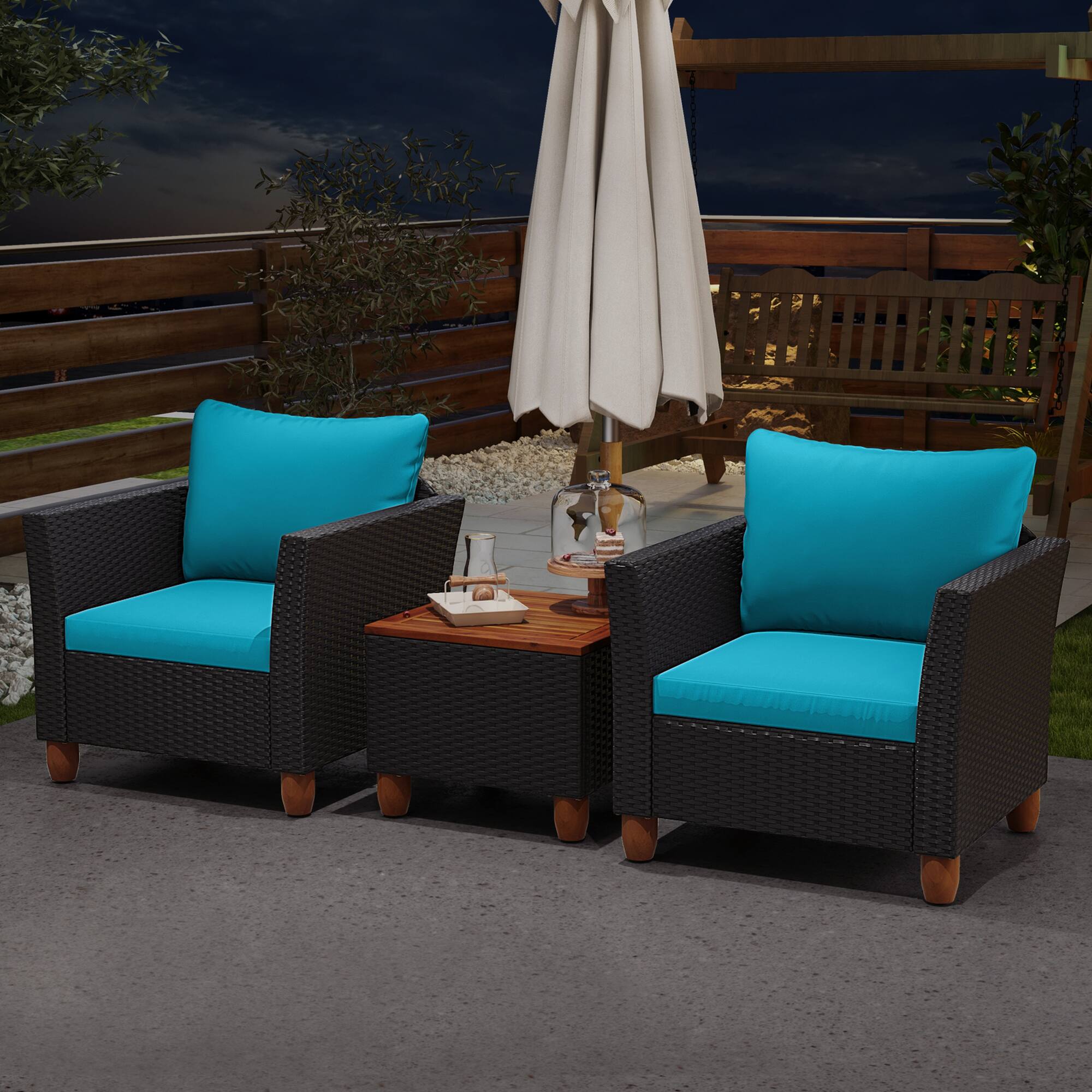 Alt View 4. Costway - Costway 3PCS Patio Rattan Furniture Set Cushioned Sofa Storage Table Wood Top - Turquoise.
