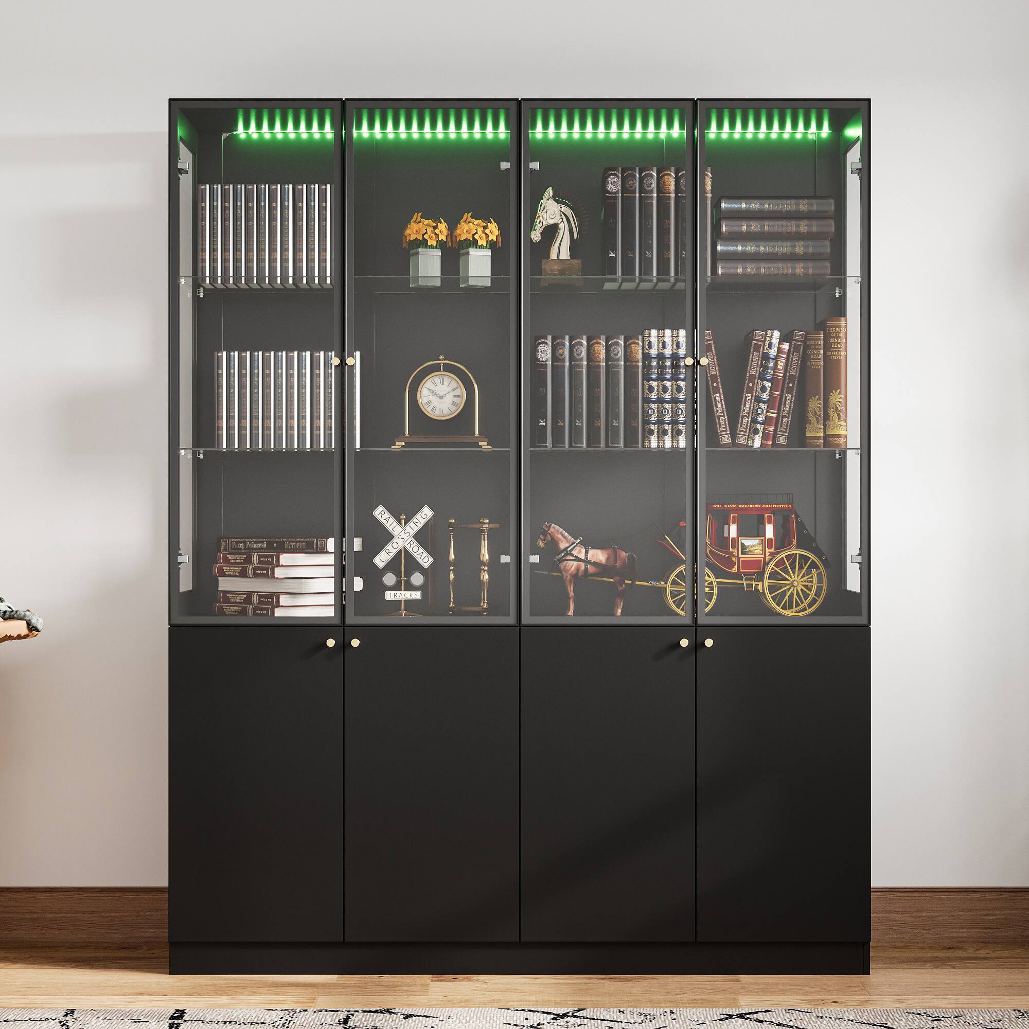 Famapy - Lighted Display Bookcase with Tempered Glass Doors, Adjustable Shelves, LED Ambient Lighting and Anti-Tip Kit - Black