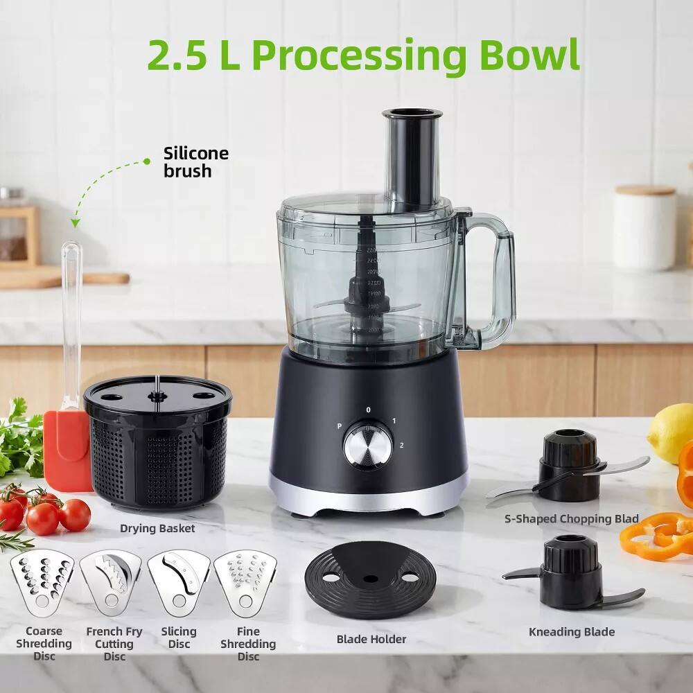 2.5 L Processing Bowl  
Silicone brush  
Drying Basket  
Coarse French Fry Slicing Fine Shredding Cutting Disc  
Shredding Disc  
Blade Holder  
S-Shaped Chopping Blade  
Kneading Blade