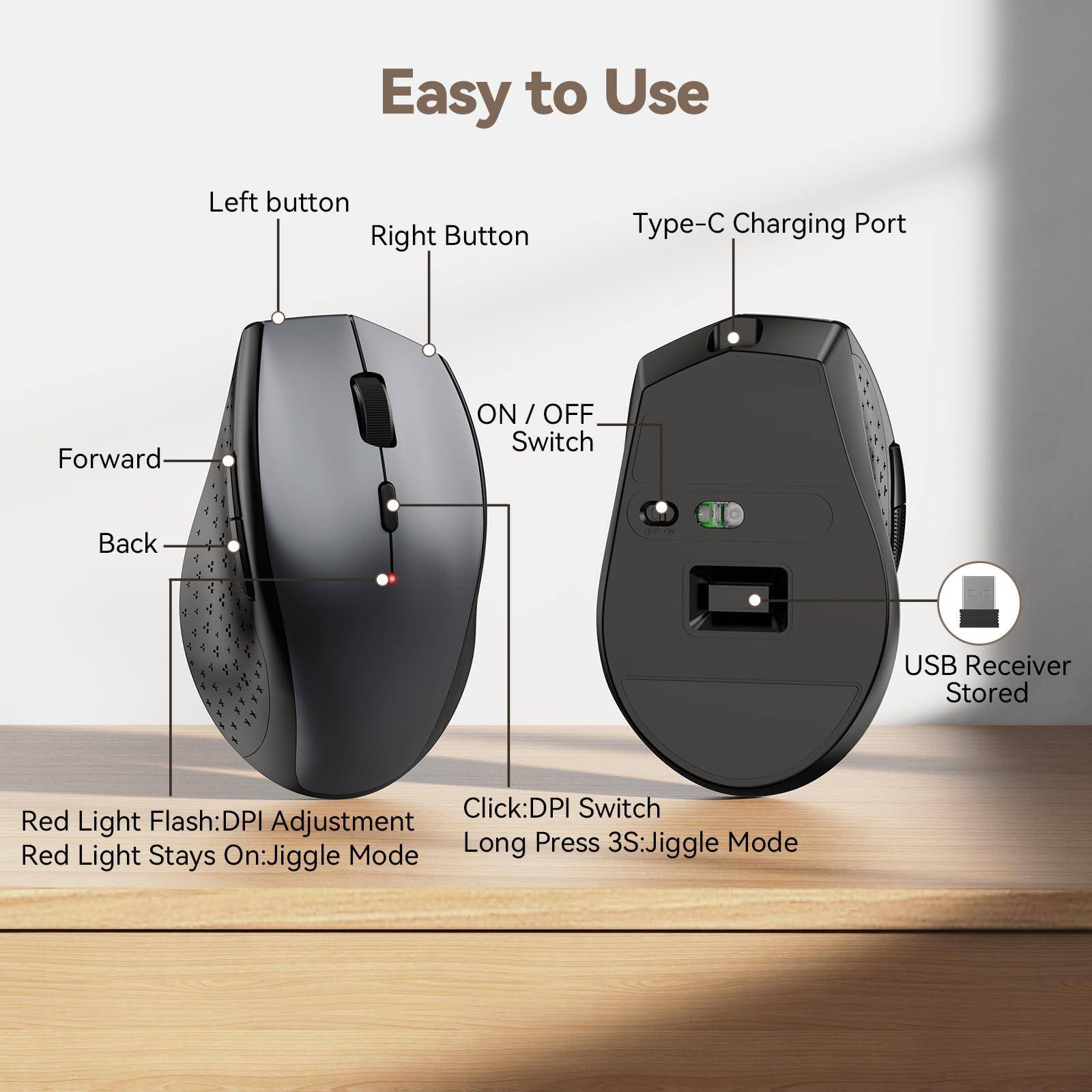 Easy to Use

- Left button
- Right Button
- Forward
- Back
- ON / OFF Switch
- Type-C Charging Port
- USB Receiver Stored
- Red Light Flash: DPI Adjustment
- Red Light Stays On: Jiggle Mode
- Click: DPI Switch
- Long Press 3S: Jiggle Mode